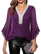 baratos Blusas Elegantes-Mulheres Blusa Tops de lantejoulas Patchwork Bloco de cor à moda Moderno Manga 3/4 Sino Decote V Tops regulares Diário Feriado Para Noite Azul Preto Vermelho Verde Verão Primavera