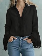 preiswerte Spitzenoberteile-Damen Bluse Elegante Oberteile Spitzentops Gerafft Spitze Patchwork Einfarbig Einfach Elegant Damen Stilvoll Langarm V Ausschnitt Normale Oberteile Täglich Arbeit Ferien Blau Schwarz Weiß Rosa