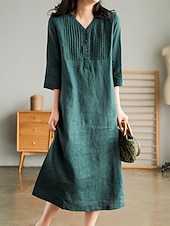economico Vestiti-Per donna Abito Midi Abiti effetto lino Abito a Tubino Abito Estivo Casual Quotidiano Vestibilità comoda Semplice Manica 3/4 Scollo a V Blu Arancione Verde Beige Estate Autunno