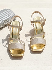 abordables Dama de honor-Sandalias de tacón cuadrado con tiras y purpurina plateada para mujer, con correa en el tobillo: zapatos brillantes de punta cuadrada y tacón medio para bodas de verano y resorts tropicales.