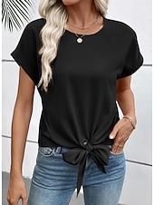 Недорогие Простая футболка-Жен. Блуза Сплошной цвет Элегантный стиль Стиль Классический С короткими рукавами Вырез под горло Обычные топы Повседневные Офис Черный Красный Хаки Бежевый Лето Весна Осень Зима