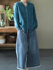 abordables Blouses Unies-Femmes Chemises en coton et lin Boutons Couleur Unie ancien Basique Occasionnel manche longue À capuche Hauts Réguliers Quotidien Bleu Blanche Rouge Abricot Été Printemps Automne