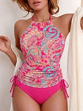Χαμηλού Κόστους Τανκίνι-Γυναικεία Μαγιό τανκίνι 2 κομμάτι Προκλητικό Μαγιό Κορδόνι Διακοπές Ρούχα παραλίας Φλοράλ Γραφική Λαιμός Αμάνικο Μαγιό