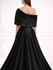  A-Line Floor Length Evening Gown Ball Gown Elegant Glittering Short Sleeve One Shoulder Wedding Formal Pocket Taffeta with Pleats Pocket