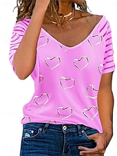ieftine tricou Art &amp; Design-Pentru femei Tricou Tee Top Imprimeu Inimă Modă Stilat Casual Manșon scurt În V Topuri obișnuite Zilnic Ieșire Sfârșit de săptămână Albastru piscină Negru Alb Roz Îmbujorat Kaki Vară Primăvară