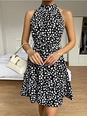 Недорогие Искусство и Дизайн Платья-Жен. Мини-платье Платье A-силуэта Платье-комбинация Платье с открытыми плечами Отпуск На каждый день на открытом воздухе На выход Стандартная посадка Леопард Горошек Без рукавов НАЙКА НЕКО