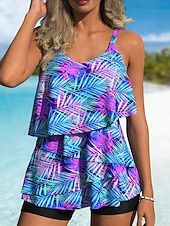 Χαμηλού Κόστους Τανκίνι-Γυναικεία Μαγιό τανκίνι 2 κομμάτι Ψηλή Μέση Μαγιό Έλεγχος κοιλιάς Ψηλή Μέση Λεπτό Εξώπλατο Διακοπές Ρούχα παραλίας Τροπικό Λαιμόκοψη U Αμάνικο Μαγιό