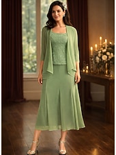 abordables Ensembles de robes pour maman-Ensembles de robes longueur thé robe de invitée de mariage robe de mère de la mariée à manches 3/4 décolleté carré élégante simple pour invité de mariage avec couleur unie
