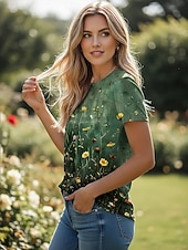 Χαμηλού Κόστους Floral μπλουζάκι-Γυναικεία Μπλουζάκι Στάμπα Φλοράλ Γραφική Φυτά Βίντατζ Στυλάτο Κλασσικό Κοντομάνικο Στρογγυλή Ψηλή Λαιμόκοψη Στρογγυλή Λαιμόκοψη Κανονικά μπλουζάκια Καθημερινά