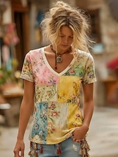  Women's Boho Shirt T Shirt Print Floral Graphic Bohemia Vintage Casual Short Sleeve V Neck Long Tops Daily Green / Blue Yellow Pink Summer Spring
