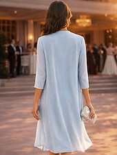 cheap Mom's Dress Sets-Two Piece Mermaid Trumpet Tea Length Wedding Guest Dress Mother of the Bride Dress Half Sleeve Crew Neck Elegant Simple Luxurious Formal Wedding Guest Chiffon Satin with Lace