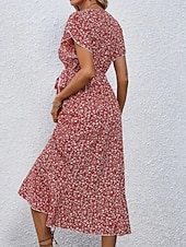 זול שמלות פרחוניות יומיומיות-בגדי ריקוד נשים שמלת מידי שמלת קז'ואל שמלת מעטפת שמלה פרחונית אלגנטית אופנתי מודרני בָּחוּץ חופשה ליציאה רגיל פרחוני שרוולים קצרים צווארון V שחור צהוב ורוד מסמיק אודם קיץ אביב