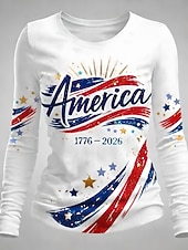  Ziua Independenței Aniversarea Americană Pulover pentru Femei T-Shirt Grafic Litera Steag Stil Clasic Casual Mâncă Lungă Guler Rotund De Zi cu Zi Imprimare Alb-Albastru Alb Vară Primăvară