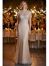  Sirena Tromba Strascico a Terra Abito da Ballo Vestito da Festa Abito Formale Abito da Sera Elegante Festa Scintillante Manica Corta Collo Alto Balli di fine anno Matrimonio con Pizzo Paillettes