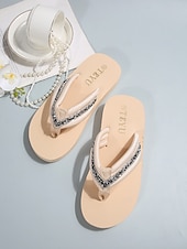 billiga Slide Sandaler-Damflip-flops med glittriga strassdetaljer - eleganta beige sandaler med kristalldetaljer, bekväma platåsandaler för sommarsemester, avkoppling vid poolen &amp;öresor
