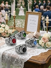 baratos Casamento ACC-anel vintage masculino do exército com pedra preciosa verde esmeralda – anel de declaração de estilo militar de prata antiga para veteranos e colecionadores