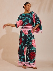  шелковистый атласный топ с рукавами "Изумрудный розовый сад"