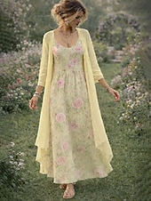 abordables Vestido Floral-Mujer Conjunto de vestido Vestido de una línea Vacaciones Boho Floral Graphic Multi capa Estampado Vestido maxi Manga Larga Escote en Pico Diario Vacaciones Amarillo Rosa Verde Trébol Verano Primavera