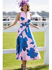 billige Ankellengde-A-linje Ankellengde Te-lengde Derbykjole Kjole til brudens mor Ermeløs V-hals Høyhalset Elegant Årgang Kentucky Derby Sateng med Blomst Tryk
