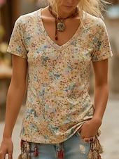 cheap Boho tee-Women's Boho Shirt T Shirt Print Floral Graphic Bohemia Vintage Casual Short Sleeve V Neck Long Tops Daily Pink Sky Blue Khaki Summer Spring