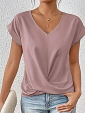 Χαμηλού Κόστους Βασικά Ψεύτικα Πουκάμισα-Γυναικεία Μπλουζάκι Συμπαγές Χρώμα Κλασσικό Καθημερινό Κοντομάνικο Λαιμόκοψη V Κανονικά μπλουζάκια Καθημερινά Εξόδου Σαββατοκύριακο Μαύρο Λευκό Ανθισμένο Ροζ Κρασί Βαθυγάλαζο Καλοκαίρι Άνοιξη