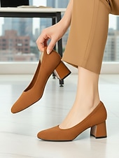abordables Zapatos de salón de tacón ancho-Zapatos de tacón de bloque con puntera de punto en beige y negro para mujer: cómodos zapatos sin cordones transpirables para desplazamientos diarios de negocios y trabajo de oficina. &amp;damas
