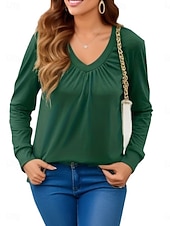 voordelige Effen t-shirt-Dames T-shirt Met ruches Effen Modieus Klassiek Casual Lange mouw V-hals Normale tops Dagelijks Uitgaan Weekend Zwart Wit Blozend Roze Leger Groen Lente Herfst