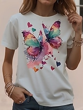 abordables Camiseta de Animales-Mujer Camiseta Estampado Graphic Animal Mariposa Vintage Elegante Básico Manga Corta Cuello Barco Escote Redondo Tops regulares Diario Fin de semana Azul Piscina blanco rojo Negro Blanco Amarillo