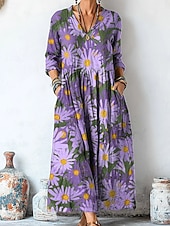economico Abito Floreale-Per donna Abito Midi Abito a Tubino Casual Data Vestibilità comoda Floreale Grafico Manica Lunga Scollo a V Giallo Rosa Viola Estate Primavera
