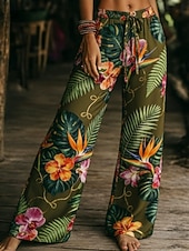 お買い得  ボーホーパンツ-女性用 ワイドレッグ チノパン パンツ ファッション ベーシック ボヘミアン 全長 ミディアムウエスト フラワー ポケット 弾性ウエスト プリント 快適 通気性 伸縮性なし 日常 アウトドア バケーション グリーン 夏 春 秋 レギュラー