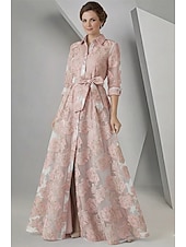 رخيصةأون طول الأرضية-A-الخط طول الأرض شيرت دريس فستان رسمي فستان سهرة فستان أم العروس كم طويل قبعة القميص أنيق عتيق سبليت عالية رسمي قماش الجاكار مع شريطة زهور