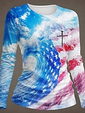  Giorno dell'Indipendenza Anniversario Americano Patriottico Maglietta Donna Grafica Bandiera Elegante Classica Casual Manica Lunga Girocollo Stile Giornaliero Stampa Bianco-Blu Bianco Azzurro Chiaro