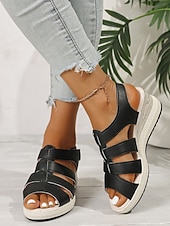 abordables Sandalias de cuña-Sandalias cómodas de cuña negras para mujer: zapatos de plataforma informales con soporte para ir de compras, viajar y usar a diario.