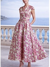 رخيصةأون فساتين متنوعة-A-الخط طول الكعب فساتين متنوعه أنيق زهري كم قصير V رقبة حفلة في الحديقة زفاف جيبة قماش الجاكار مع طباعة الأزهار طيات جيبة