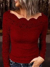ieftine Topuri din dantelă-Pentru femei Bluză Dantelă Peteci Culoare solidă Elegant Stilat De Bază Manșon Lung De Pe Umăr Topuri obișnuite Zilnic Negru Alb Roșu-aprins Bleumarin Trifoi Primăvară Toamnă