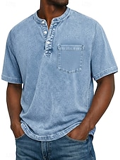 billige Uformell Henley T-skjorte-Herre Henly-skjorte 100% bomullssyre-vaskeskjorte T-skjorte T-skjorte Kortermet Ensfarget Retro / vintage Fritid Lomme Gammeldags stil Vasket Henley Avslappet Sommer Vår Høst Svart Rosa Lysegrønn
