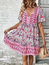 voordelige Vakantie Boho Jurk-Dames Mini-jurk strand jurk A lijn jurk Bloemetjesjurk Elegant Modieus Modern Dagelijks Buiten Vakantie Normale pasvorm Geometrisch Korte mouw V-hals blauw Rood Marine Blauw Oranje Zomer Lente Herfst