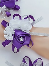 abordables Boda ACC-Ramillete de muñeca de rosas para mujer, flor de cinta de poliéster con pulsera elástica de perlas falsas, varios colores, accesorio elegante para damas de honor y novias para bodas, bailes de graduación y eventos formales.