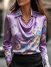 preiswerte Blumenblusen-Damen Hemd Elegant Satin-Top Seiden-Oberteile Druck Drapiert Blumen Grafik Elegant Stilvoll Lässig Langarm Wasserfallausschnitt Normale Oberteile Täglich Arbeit Ferien Rosa Rote Purpur Regenbogen