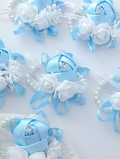 abordables Boda ACC-Ramillete de muñeca de rosas para mujer, flor de cinta de poliéster con pulsera elástica de perlas falsas, varios colores, accesorio elegante para damas de honor y novias para bodas, bailes de graduación y eventos formales.