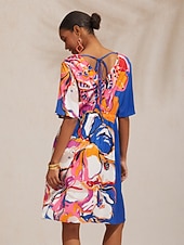 abordables Vestidos florales-Vestido mini de satén con cintura ajustada y estampado floral artístico para vacaciones