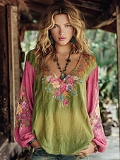 Χαμηλού Κόστους Πουκάμισα-Γυναικείο Boho Μπλούζα Λινάρι Καλώς Τοποθετημένο Αναπνεύσιμο Ελαφρύ Λουλούδια Γραφικά Εύκολο Bohemia Vintage Μακρυμάνικο V Λαιμό Κανονικές Κορυφαίες Ημέρες Γιορτής Ροζ Πράσινο Καλοκαίρι Άνοιξη