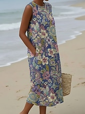 abordables Robes fleuries-Femmes Robe Midi Robe Décontractée Robe d'Été Robe fourreau ancien Quotidien Extérieur Vacances Coupe Ample Fleuri Sans manches Col ras du cou Bleu Vert Été Printemps