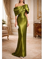 cheap Sheath Evening Dresses-Sheath Column Floor Length Evening Gown Formal Dress Elegant Glittering Sleeveless One Shoulder Wedding Formal Taffeta Cowl Back with Bow(s) Ruched