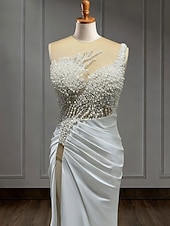 abordables Robes de Soirée Sirène-Sirène Trompette Longueur au sol Robes de Bal Robe de Soirée Tenue de soirée Élégant Sans manches Épaules Dénudées Carnaval Mascarade Satin Pailleté avec Perles Surjupe