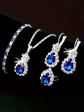 halpa Häät ACC-Naisten metalliseoskorusetti, "jotain sinistä" pisarakoru, korvakorut, sormus ja rannekoru, elegantti kimalteleva tyyli morsiamiin, häihin, cocktail-juhliin ja muodollisiin tilaisuuksiin