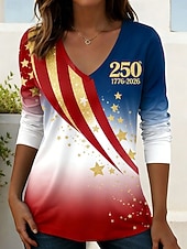  Amerikanischer Unabhängigkeitstag Damen T Shirt T-Shirt Druck Grafik Amerikanische Flagge Stilvoll Klassisch Lässig Langarm V Ausschnitt Normale Oberteile Täglich Ausgehen Wochenende Blau Rote
