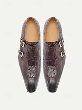 cheap Monk Shoes-Men's Brown Crocodile Print Monk Strap Shoes – Premium Leather with Stylish Buckle Design, Perfect for Weddings, Formal Events and Office Wear