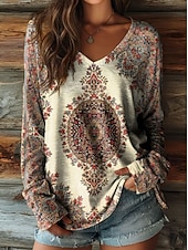 Χαμηλού Κόστους Boho t-shirt-Γυναικείο T-Shirt Boho Λουλουδάτο Γραφικό Φυτά Vintage Στυλάτο Casual Μακρύ Μανίκι V Neck Κανονικά Μπλουζάκια Καθημερινά Σαββατοκύριακο Ρούχα Παραλίας Εκτύπωση Γκρι Μαύρο Μπεζ Καλοκαίρι Άνοιξη
