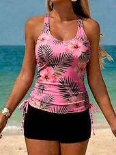 billige Tankinier-Dame Badetøy Tankini 2 stk Høy Midje Badedrakt Midjekontroll Høy Midje Tynn Åpen rygg Ferie Strand Klær Blomstret U-hals Ermeløs Badedrakter